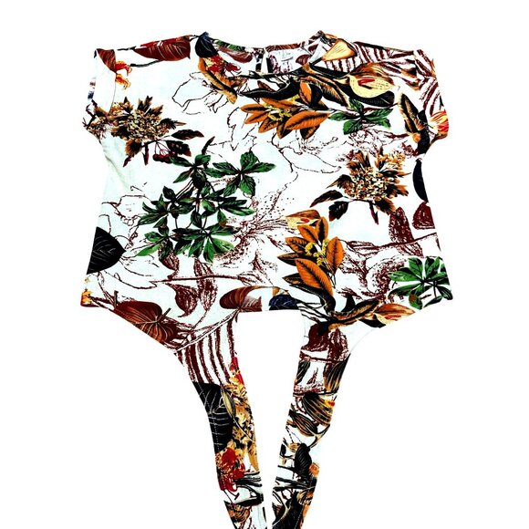 CCC Vintage Inspired Cotton Floral Tie Front Crop Top Leafy Print Keyhole Back - Picture 5 of 7